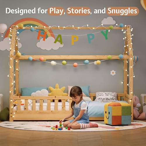 Solid Wood Twin House Bed for Kids with Guardrails and Playhouse Roof