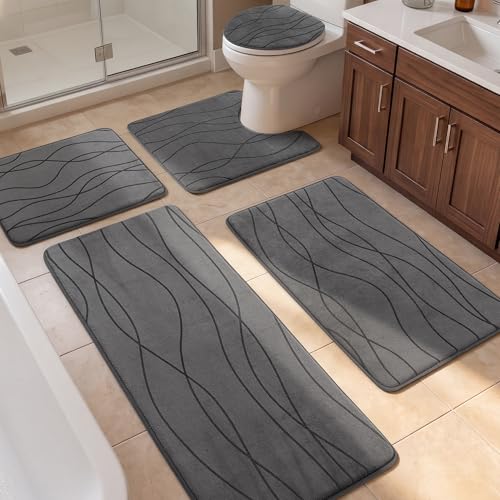 5-Piece Bathroom Rugs Set, Ultra Soft Memory Foam Bath Mats Dark Grey