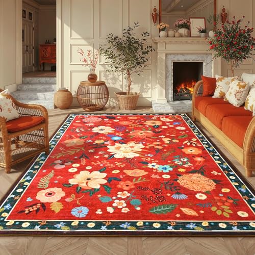 Macgace 5' x 7' Christmas Red Floral Rug for Girls Room - Machine Washable, Non-Slip Backing
