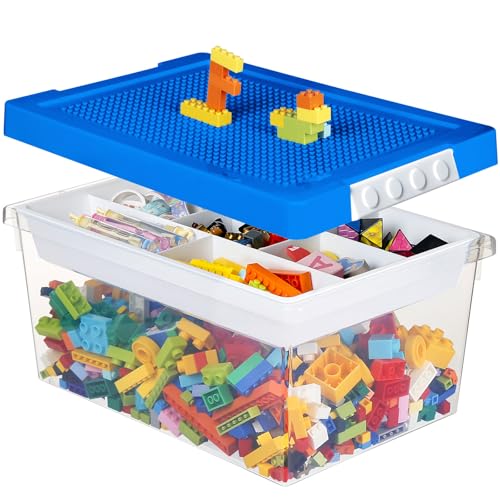 Stackable Plastic Storage Bin with Divided Tray & Building Block Baseplate Lid
