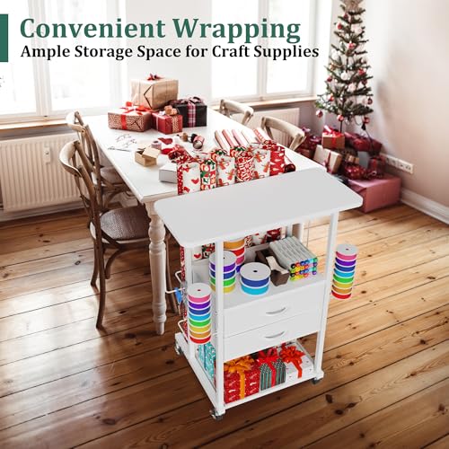 Rolling Gift Wrapping Paper Storage Cart with Fabric Drawers and Hooks