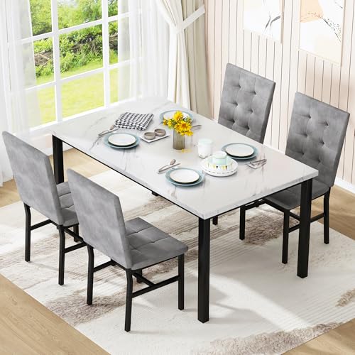 Faux Marble Dining Table Set for 4 with Velvet Upholstered Chairs