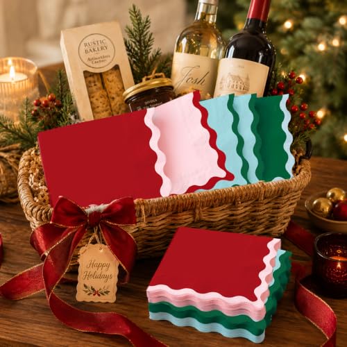 Christmas Paper Napkins Set - 100Pcs Scalloped Holiday Disposable Tableware - Red, Green, Pink, Blue