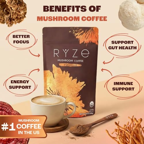 RYZE Organic Mushroom Coffee - Adaptogenic Medium Roast with 6 Superfood Mushrooms, 30 Servings