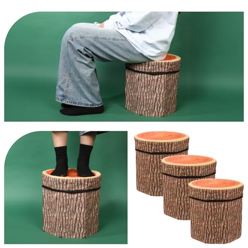 3-Piece Tree Stump Storage Ottoman Set, Folding Toy Box & Stool