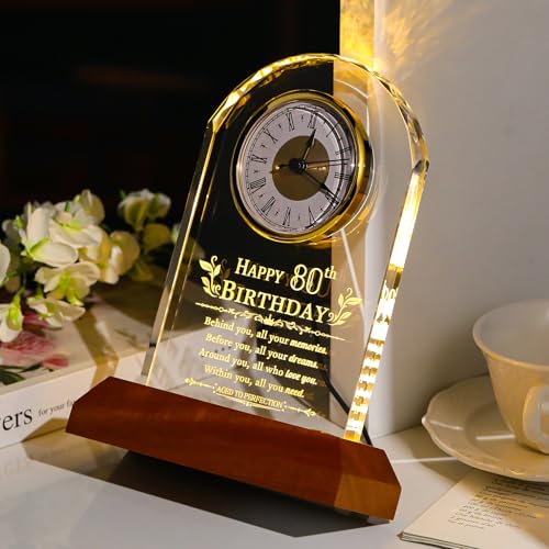 80th Birthday Crystal Quartz Clock Keepsake with Wooden LED Light Base