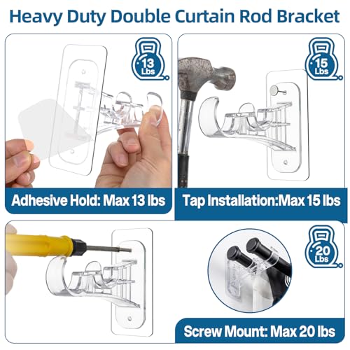 Double Curtain Rod Brackets, Adhesive No-Drill Heavy Duty Wall Hangers (4 Pack)
