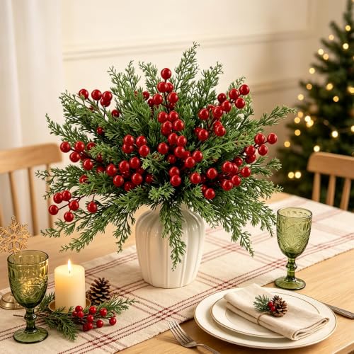 Fangoo 32 Pack 9" Artificial Burgundy Red Berry Picks for Christmas Tree - Red