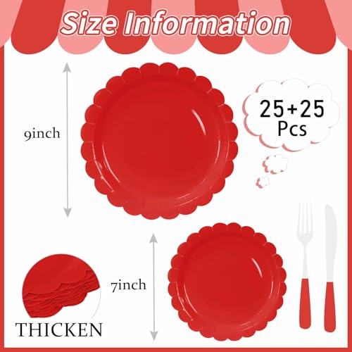 50 Pcs Red Scalloped Paper Plates 25 × 7'' and 9'' Disposable Dinner