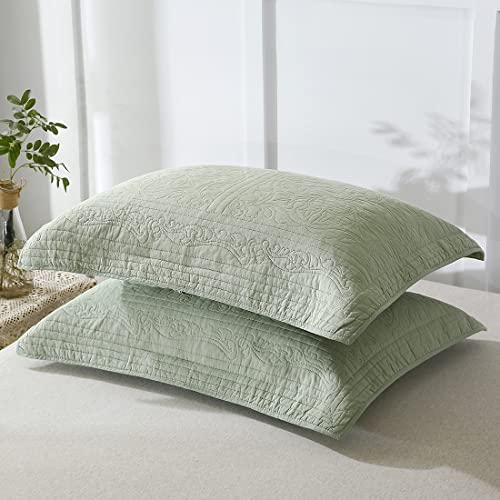 Quilted Cotton Pillow Shams - Sage Green Floral Standard 20x26 Inch Set