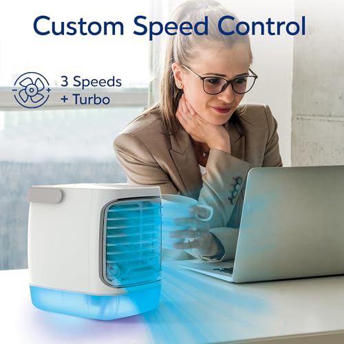 Portable Evaporative Cooler Fan 4-Speed Personal Air Cooler with 7-Color LED