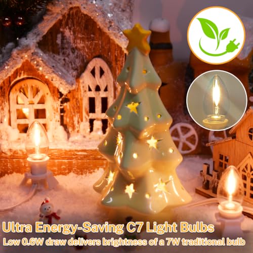 SOTOPOO 8-Piece 6ft White Lamp Cord with Switch + 16 C7 LED Bulbs, Energy 0.6W, UL/IP44, for Seasonal Village & Halloween Lights - White-LED Bulb Variation