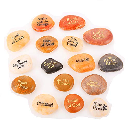 16-Piece Names of Jesus Engraved Natural Palm Stones, Inspirational Rocks