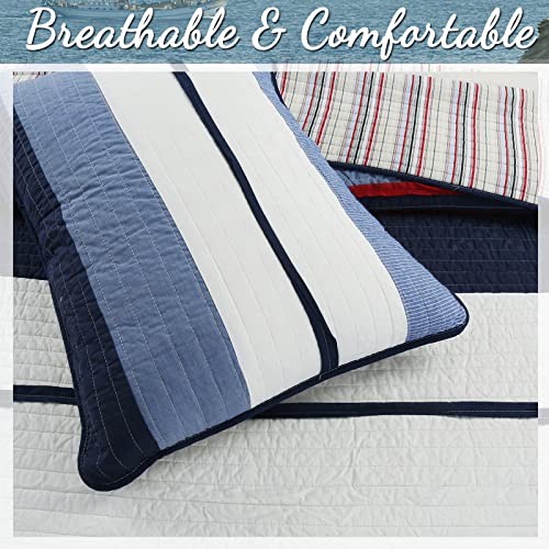 Navy Blue and Red Striped 3-Piece Queen Cotton Reversible Quilt Bedding Set