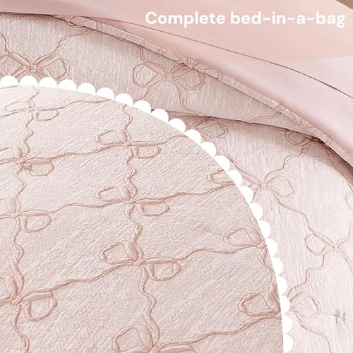 5-Piece Twin XL Comforter Set - Pink Bow Bedding for Girls