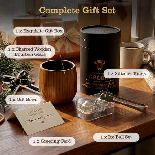 Charred Wooden Whiskey Cup Gift Set with Stainless Steel Ice Balls and Tongs