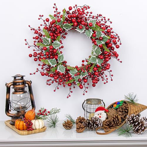 JINGHONG 20-Inch Artificial Christmas Wreath with Red Berries & Holly for Indoor Outdoor Holiday Decor