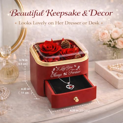 Red Preserved Rose Box with Necklace - Long Lasting Flower Gift for Women