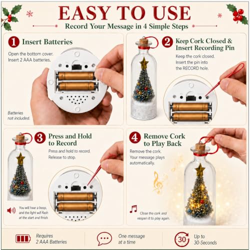Christmas Message Bottle, 30-Second Voice Recording, LED Lights