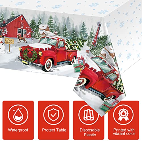 Tiamon 6-Pack Christmas Red Truck Tablecloths 54x108in, Plastic Holiday Farm Print