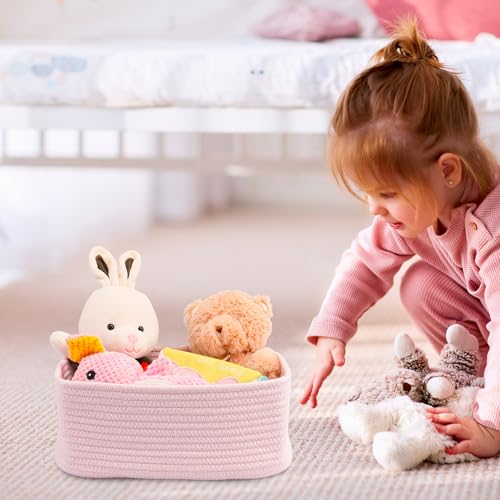 Small Woven Storage Baskets for Shelves, Pink Cotton Rope Bins 3-Pack