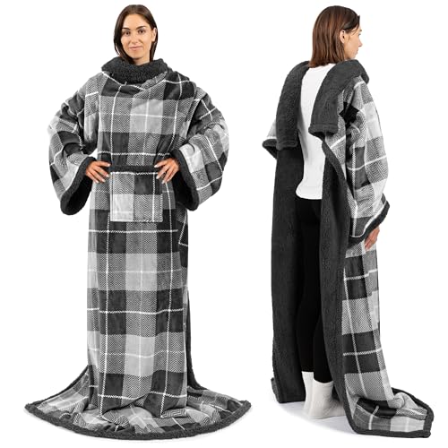 Wearable Blanket with Sleeves and Pocket, Soft Fleece Sherpa Throw Wrap