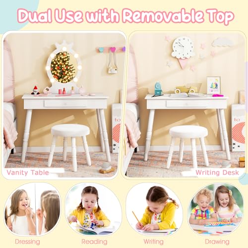 Kids Vanity Set with Lighted Mirror, Stool, and Drawer - Wooden Dressing Desk