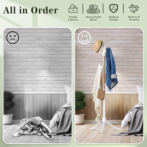 Freestanding Wooden Coat Rack - 8-Hook Adjustable Pine Clothes Tree, White