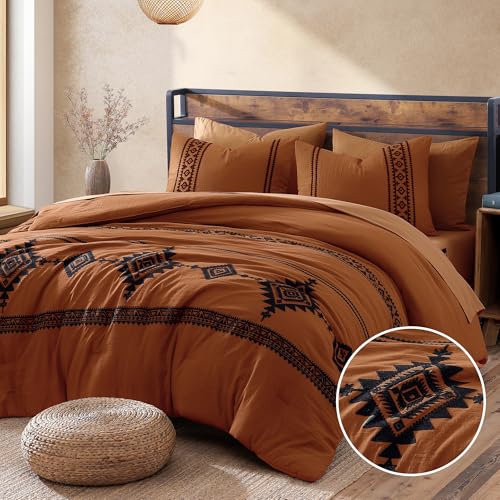 7-Piece Embroidered Queen Comforter Set - Burnt Orange Bed in a Bag