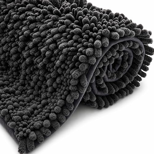 ILANGO Dark Grey Chenille Bathroom Rug 32x20 - Extra Soft Absorbent & Non-Slip