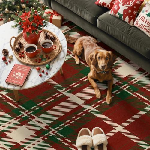 Christmas Red Plaid Washable Area Rug - 5' x 7' Ivy Design for Living Room