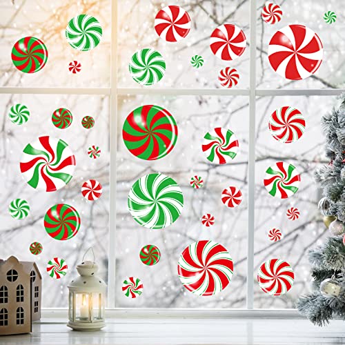 40PCS Christmas Candy Window Clings for Holiday Decor - Reusable Peppermint Stickers