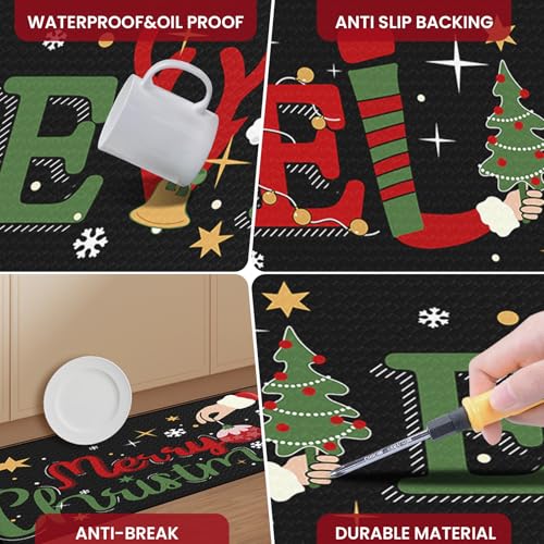Dintszyayue Christmas Kitchen Rug Set 2 pcs Non Slip Santa Snowman 17x30+17x48 Black