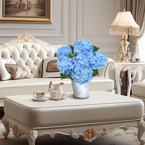 6 Pcs Blue Silk Hydrangea Artificial Flowers with Stems for Home & Wedding Decor