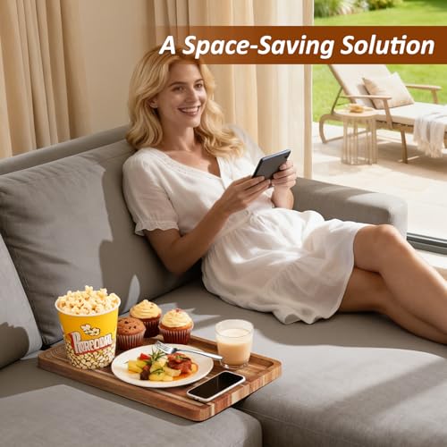 Folding Acacia Wood Couch Tray for Sofa Gaps, 15x10 Inch Portable Table