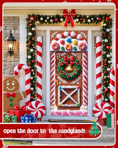 Christmas Door Cover with Wreath and Gingerbread House Pattern - Front Door Decoration
