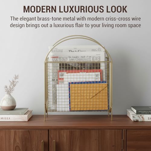Mid-Century Brass Magazine Rack - Metal Wire Mesh Storage Basket