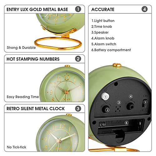 Retro Metal Analog Alarm Clock, Silent Non-Ticking Desk Clock for Bedroom