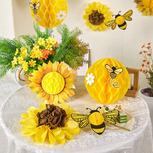 Sunflower and Bee Honeycomb Hanging Decorations, 3D Tissue Paper Party Decor