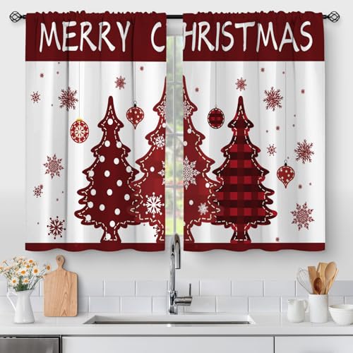 Christmas Tree Kitchen Curtains - Xmas Merry Christmas Winter Holiday Pattern Cafe Small Short Tier Window Curtains for Living Dining Room Decor Rod Pocket Window Drapes 36 Inch Length Set 28"x36"