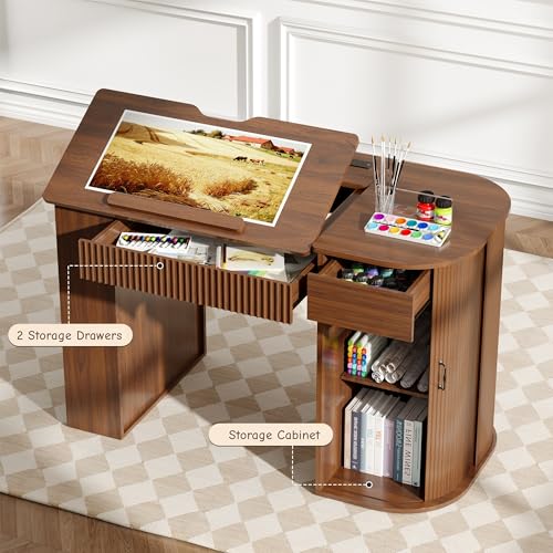 Adjustable Drafting Table with Storage, Walnut Art Desk & Charging Station