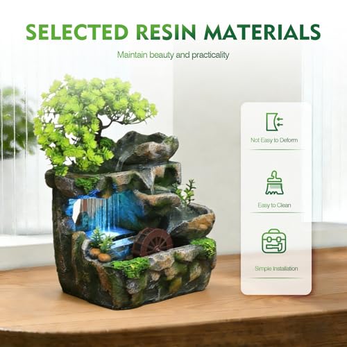 Indoor Tabletop Waterfall Fountain with LED Lights - Resin Desk Water Feature