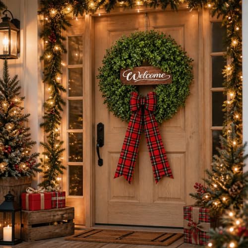 24-Inch Artificial Boxwood Wreath with 6 Sashes Front Door Decoration