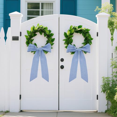 Blue Wreath Sash for Front Door 2 Pack - 60 Inch Blank Linen Rustic Wreath Ribbon for DIY Embroidery and Farmhouse Home Decor