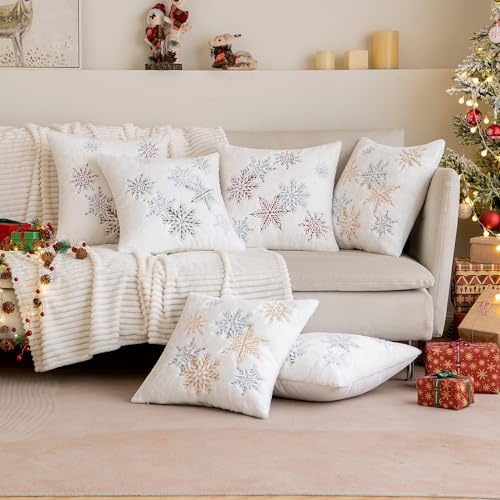 MIULEE Christmas Throw Pillow Covers Pack of 2 20x20 Inches, Festive Green Snowflake Design