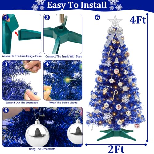 TURNMEON Blue 4 Ft Lighted Artificial Christmas Tree with Warm White Lights & Ornaments