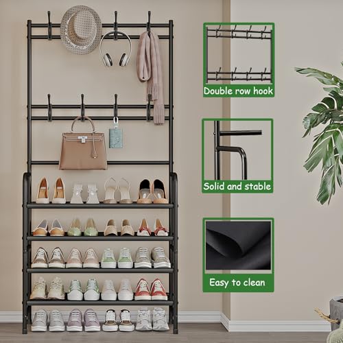 4-Tier Metal Hall Tree with Shoe Rack and Coat Hooks, Freestanding Organizer