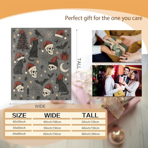 Mounidso Gothic Christmas Blanket 50x60 in – Black Cat, Skull, Bats & Santa Hat Flannel Throw