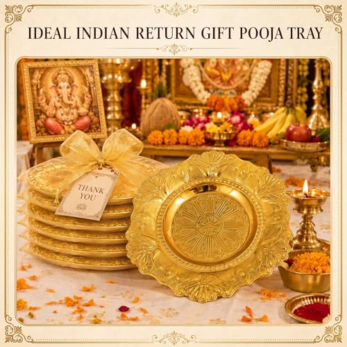 12 Pack 3.9 Inch Gold Metal Pooja Thali Plates Embossed Decorative Trays