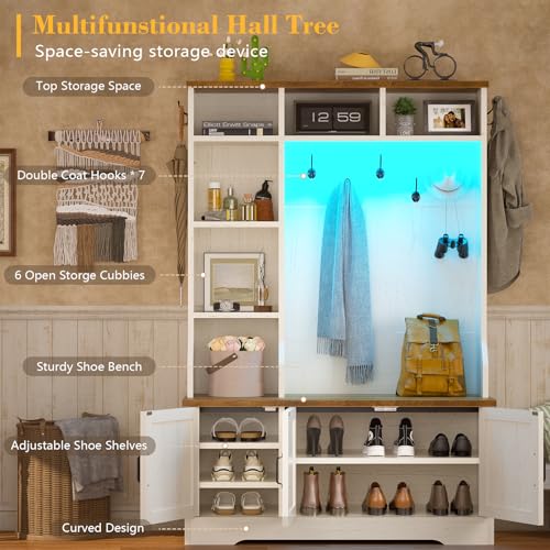 Farmhouse Hall Tree with LED Lights, Entryway Bench with Coat Hooks & Storage